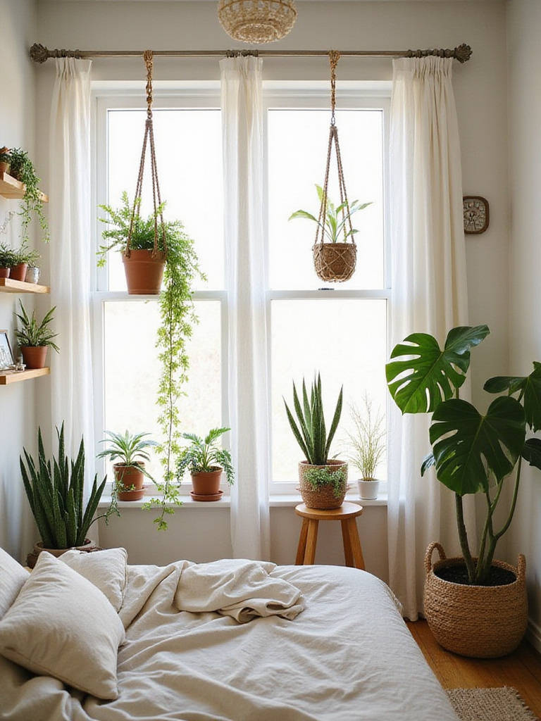 Boho bedroom with lush indoor plants creating a calming and organic atmosphere