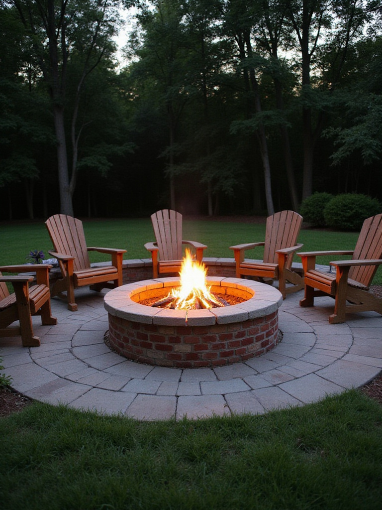 A circular brick fire pit with a stone cap glowing with fire in a cozy backyard patio setting at dusk.