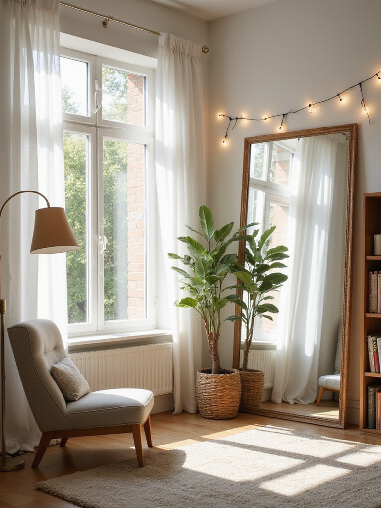 Bright apartment living room with natural light, mirror, lamps, and string lights.