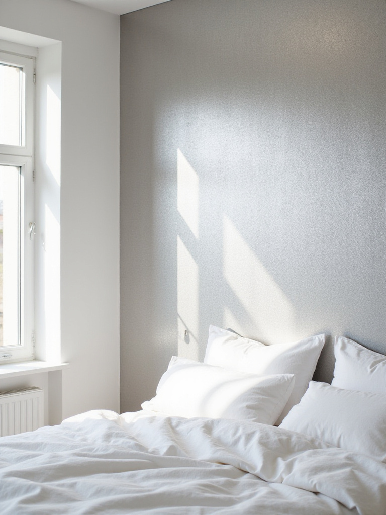 Bedroom with metallic silver wallpaper reflecting natural light.