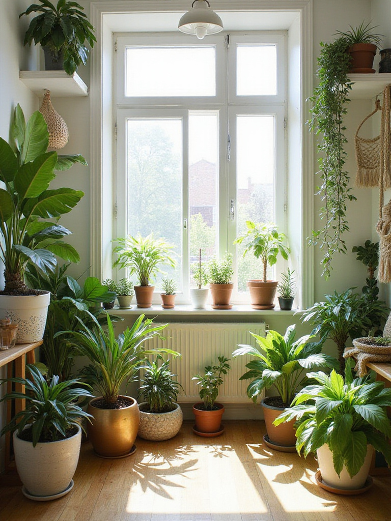 Apartment interior with various green plants as natural decor.