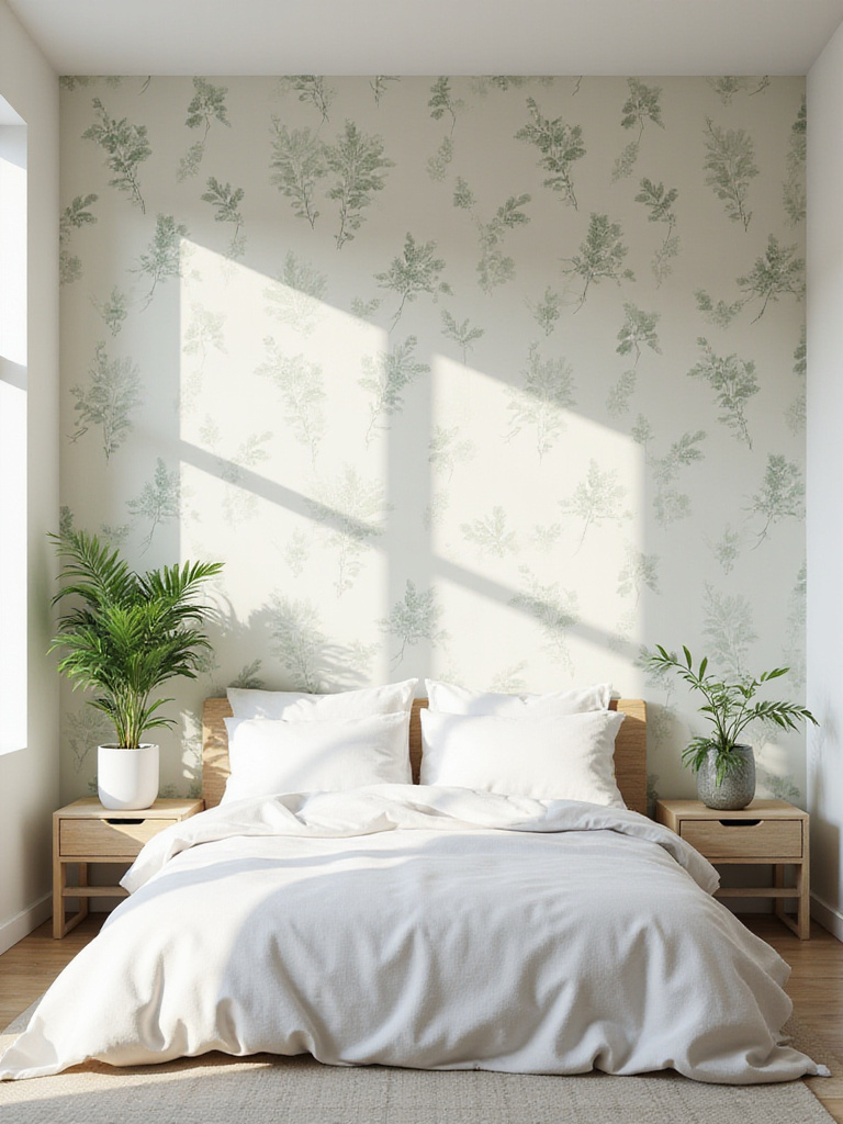Calming bedroom with green eucalyptus botanical wallpaper