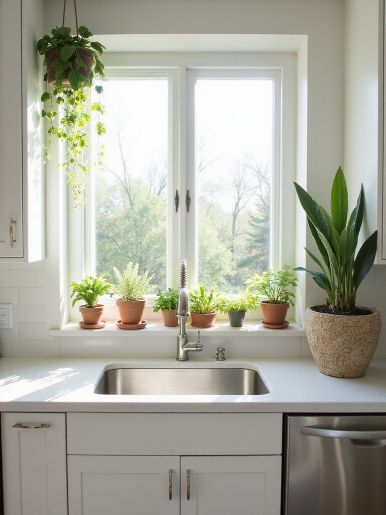 Bright kitchen with herb garden and various plants on windowsill, shelves, and countertop.