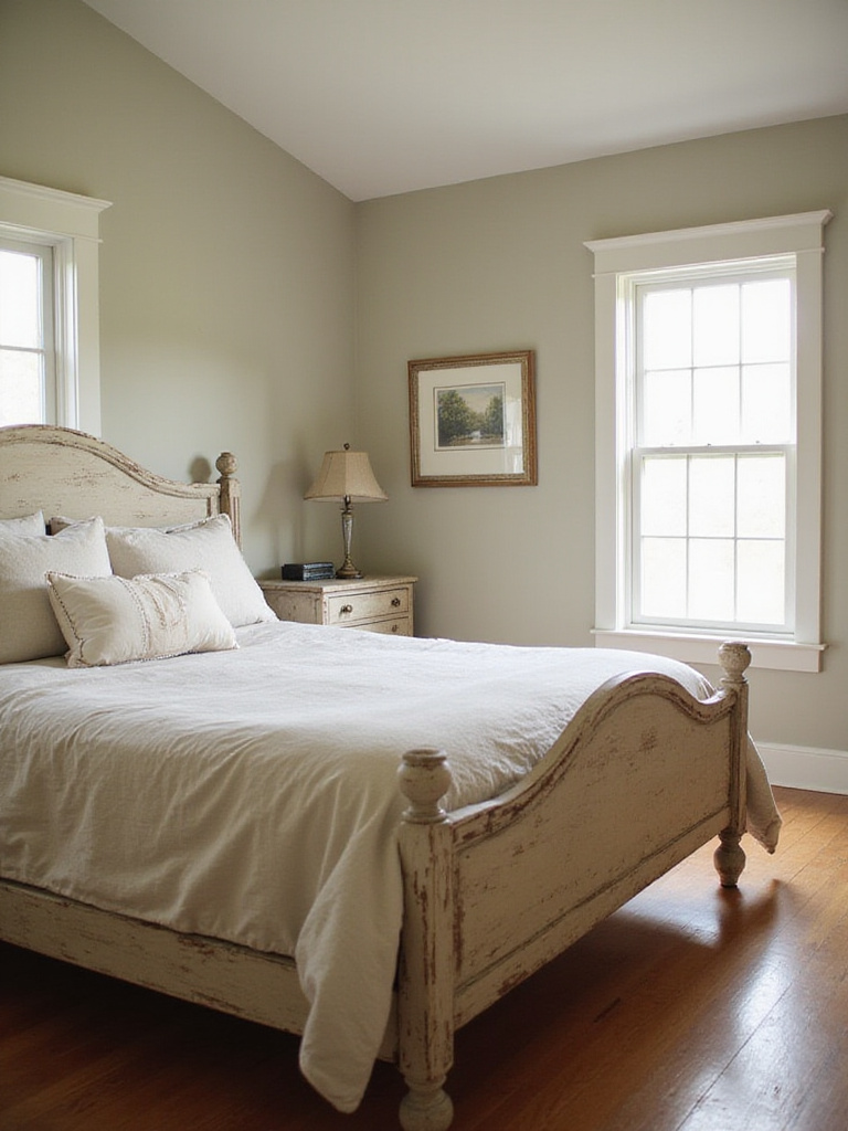 Farmhouse bedroom with distressed wooden bed and nightstand