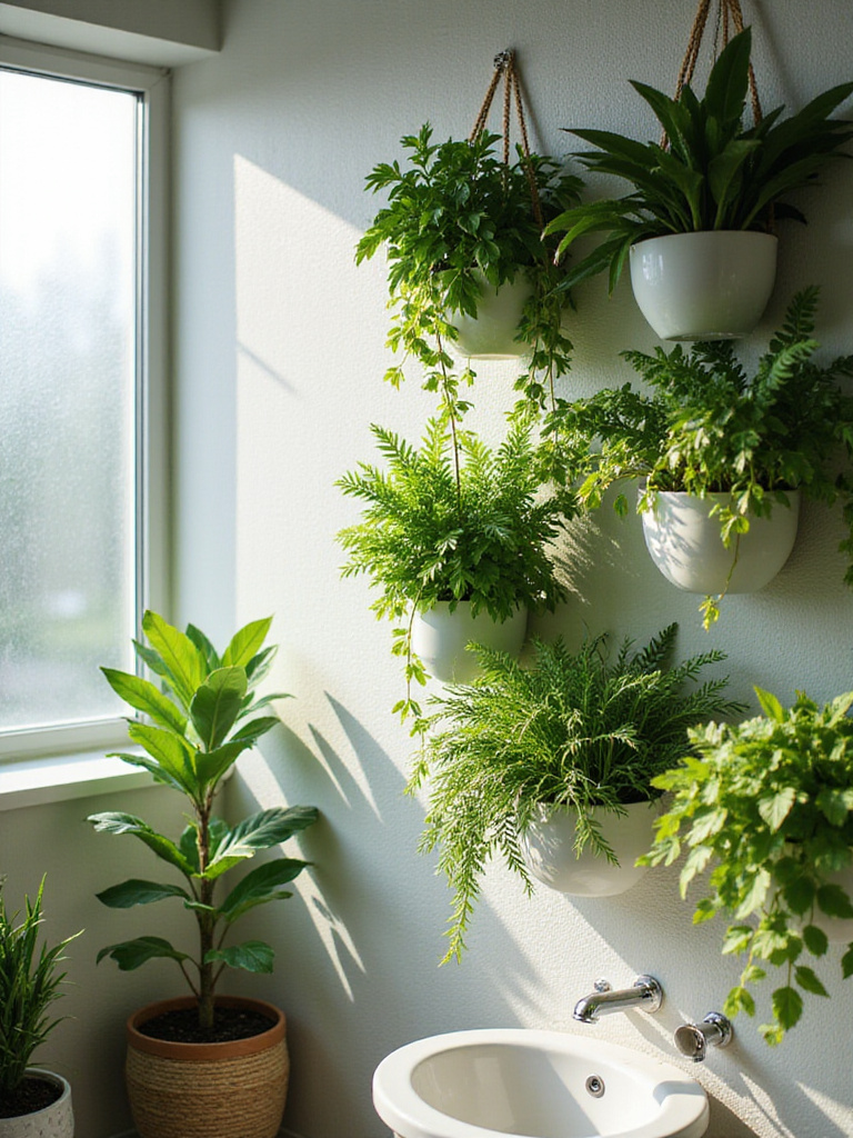 Bathroom wall decorated with lush green plants in vertical garden and hanging planters.