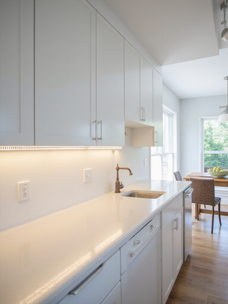 Bright kitchen with affordable lighting ideas, including under-cabinet LED strip lights and a simple ceiling fixture.