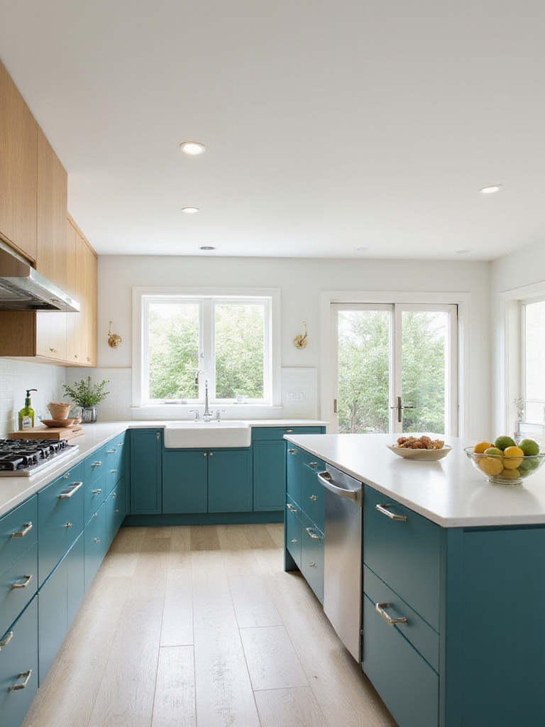 Modern kitchen with teal and natural wood cabinets, white quartz countertops, and stainless steel appliances.