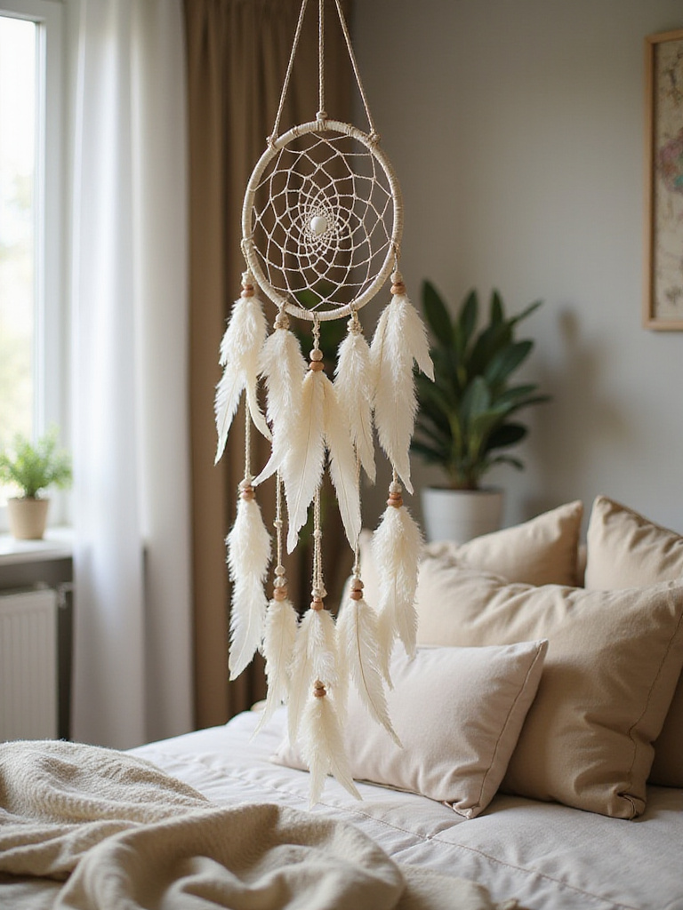 Delicate dream catcher mobile hanging above a bed in a boho bedroom.