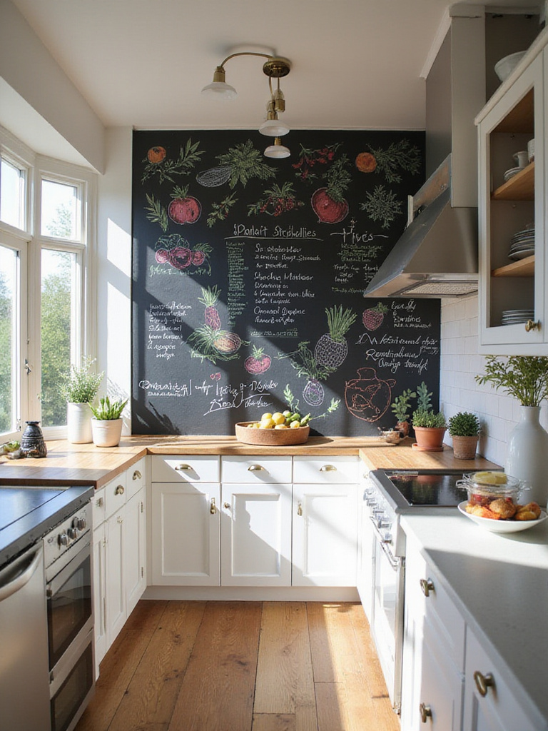 Modern farmhouse kitchen with chalkboard wall featuring colorful drawings and recipes
