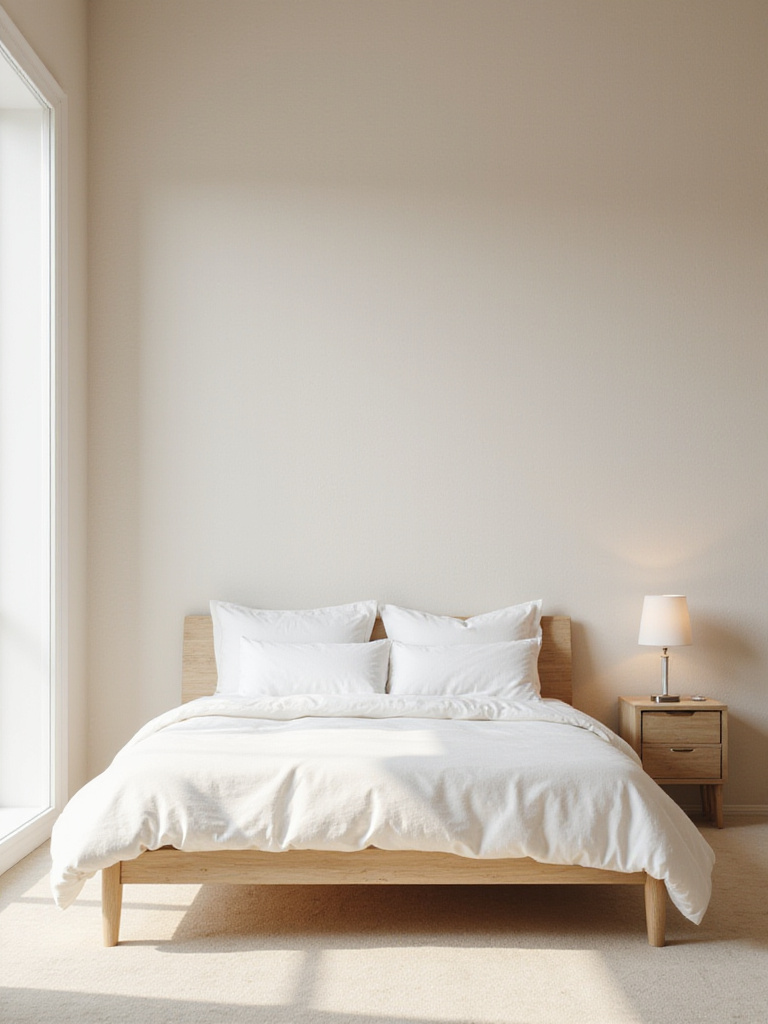 Serene bedroom with light beige textured wallpaper and minimalist decor.
