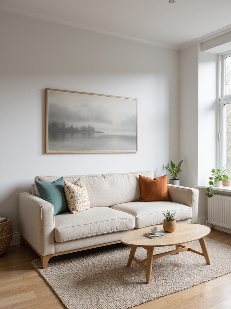 Modern apartment living room featuring a calming neutral color palette with teal and orange accents.