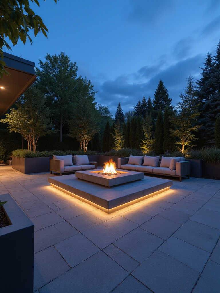 Sleek rectangular concrete modern fire pit on a minimalist patio with clean-lined furniture and subtle lighting at dusk, creating a sophisticated backyard oasis.