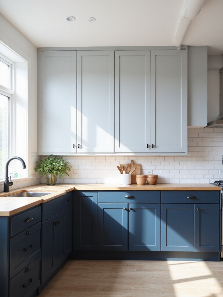 Modern kitchen design featuring two-toned cabinets in gray and navy blue with white subway tile backsplash and wooden countertops.