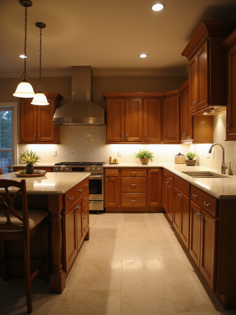 Kitchen with layered lighting showing warm ambient light and cool task lighting over countertops.