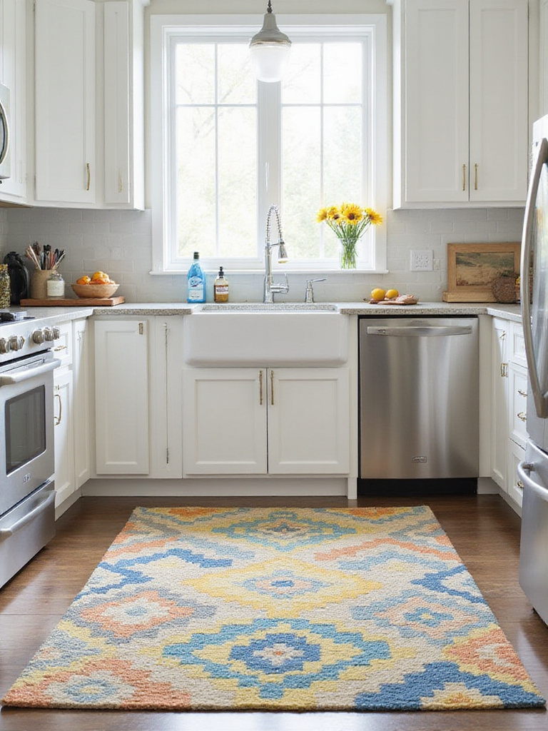 Colorful geometric rug in a bright white kitchen