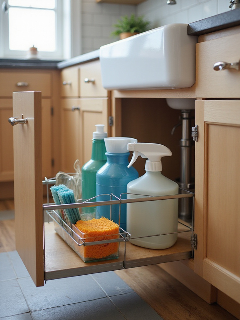 Organized under-sink kitchen cabinet with tiered pull-out organizers and waterproof mat.