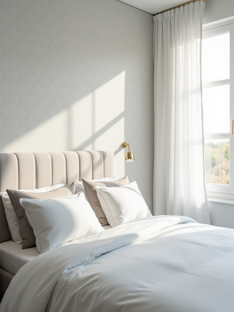 Bedroom accent wall featuring light gray geometric peel and stick wallpaper.