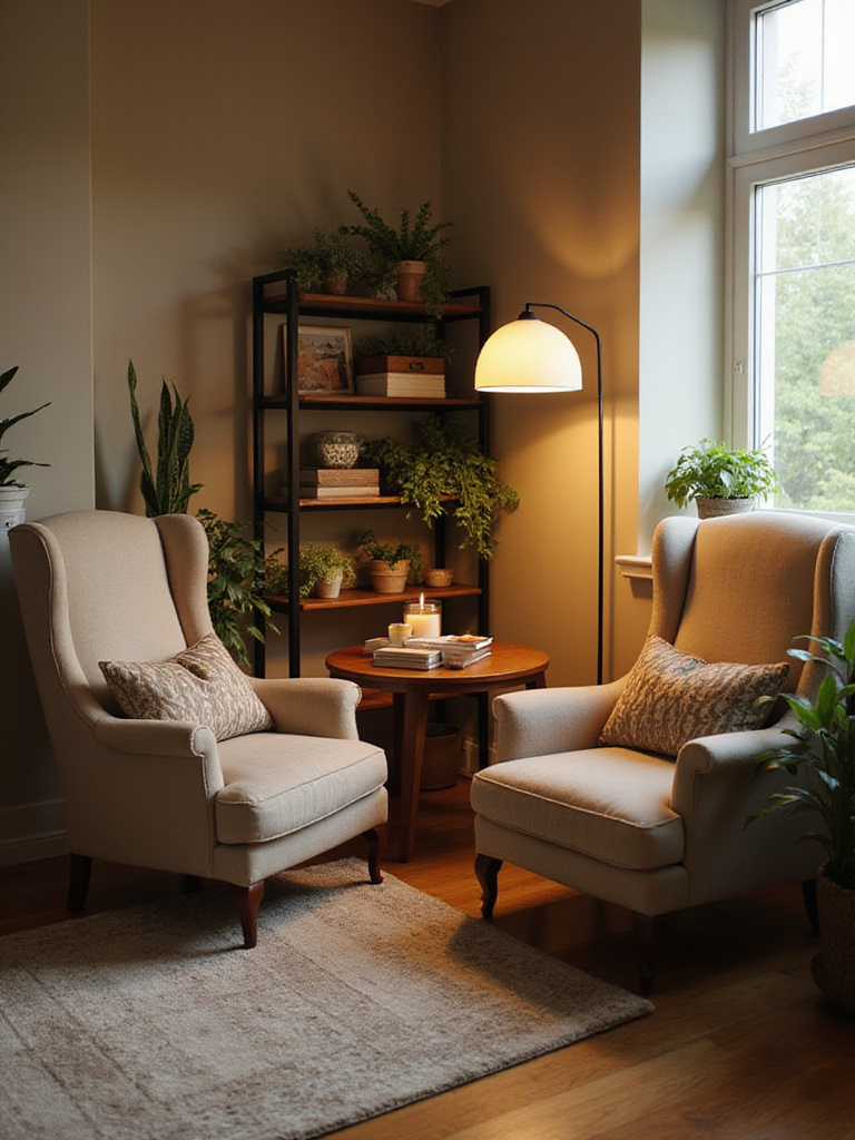 Cozy living room conversation corner with armchairs, round coffee table, and warm lighting.