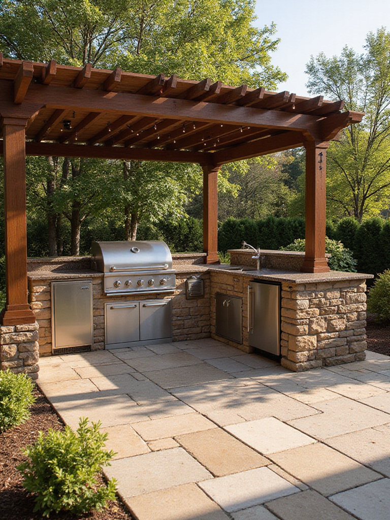 Luxury outdoor kitchen with stainless steel appliances, granite countertops, and a wooden pergola.