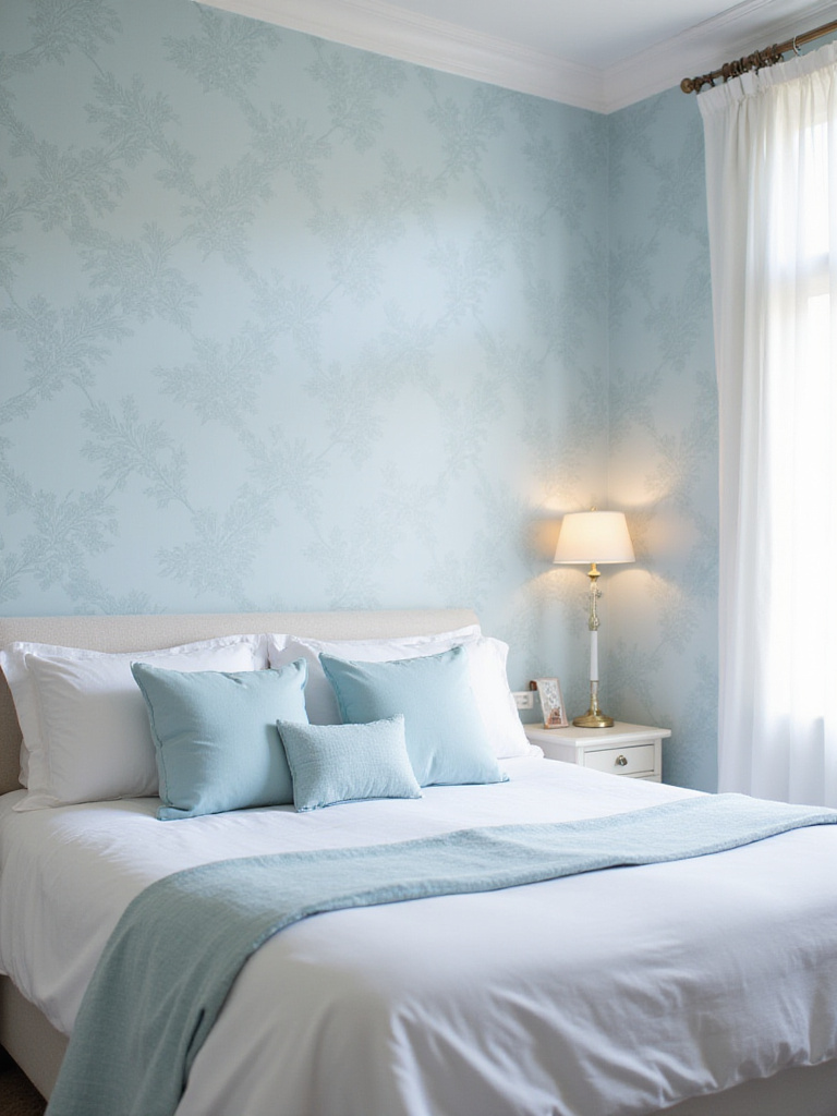 Bedroom with light blue floral wallpaper and white linen bedding with blue accent pillows.