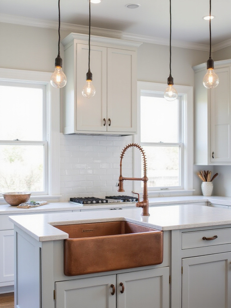 Kitchen with light gray cabinets, white quartz countertop, and copper farmhouse sink and pendant lights.