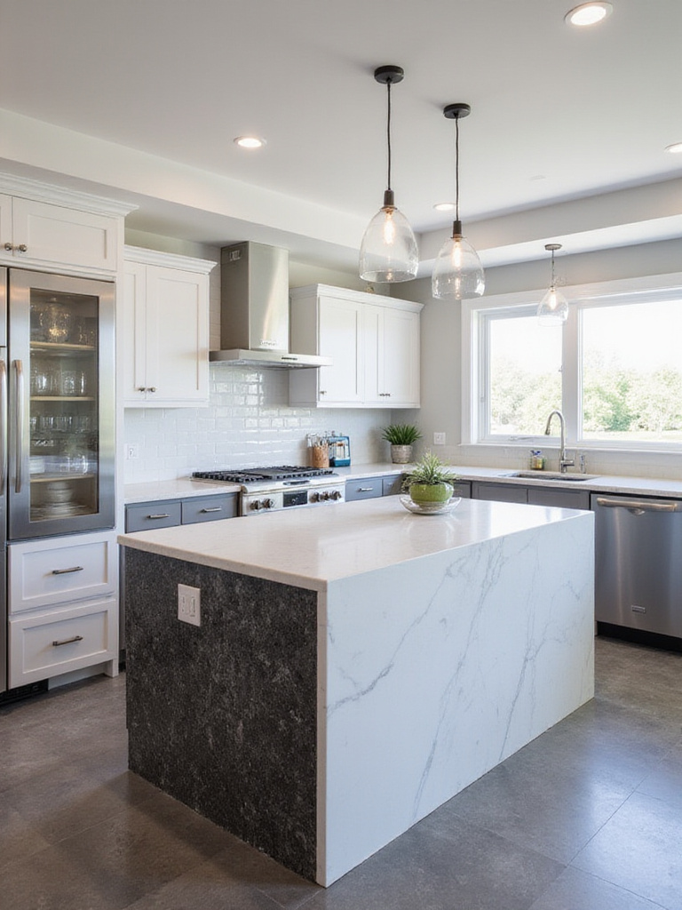 Modern kitchen with white quartz waterfall island countertop and dark grey honed granite perimeter countertops.