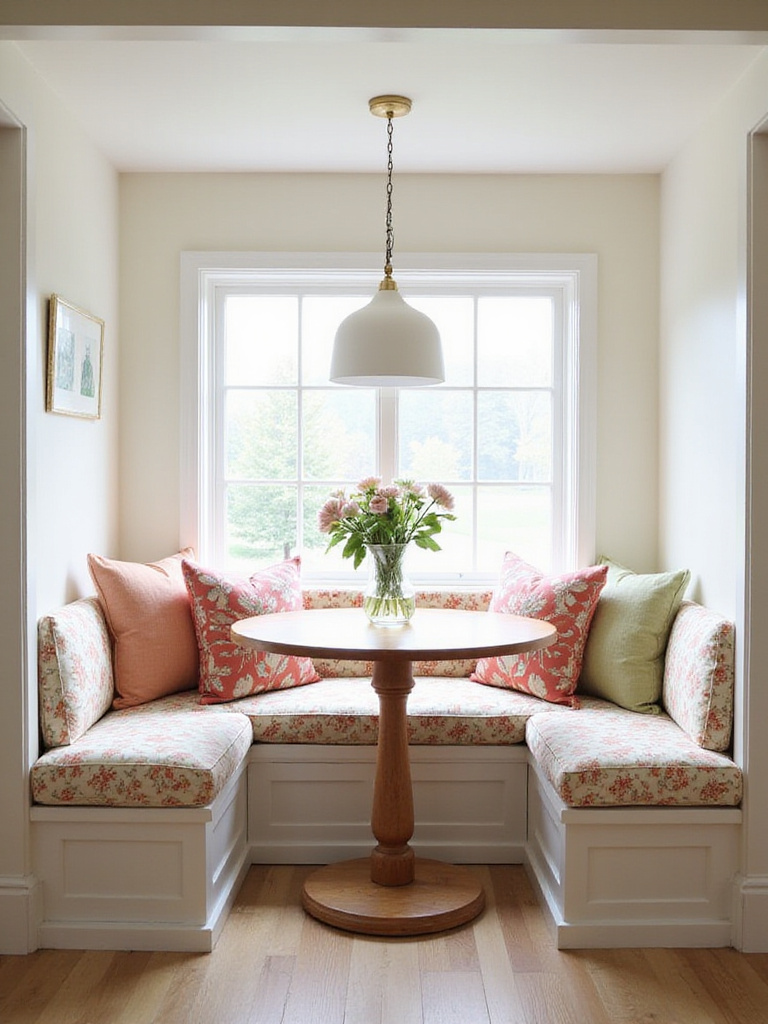 Cozy kitchen breakfast nook with banquette seating and natural light.