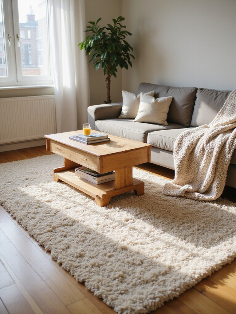 Cozy apartment living room with plush rug, soft textures, and warm lighting.