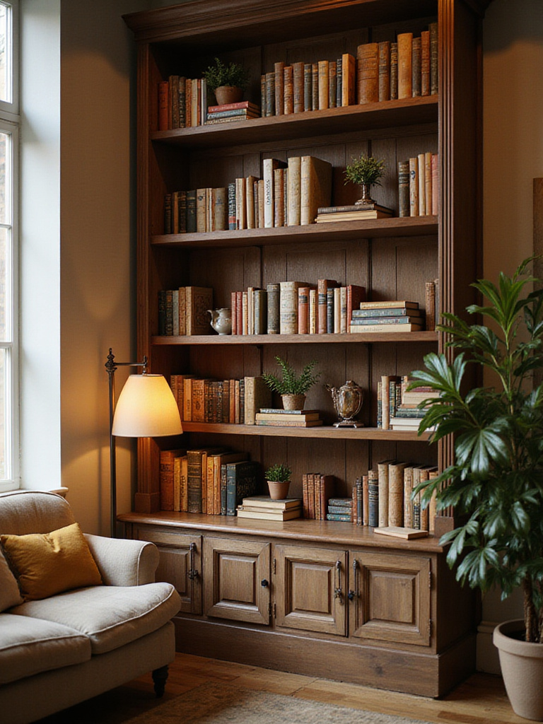Cozy living room with a styled bookshelf filled with books and decorative items
