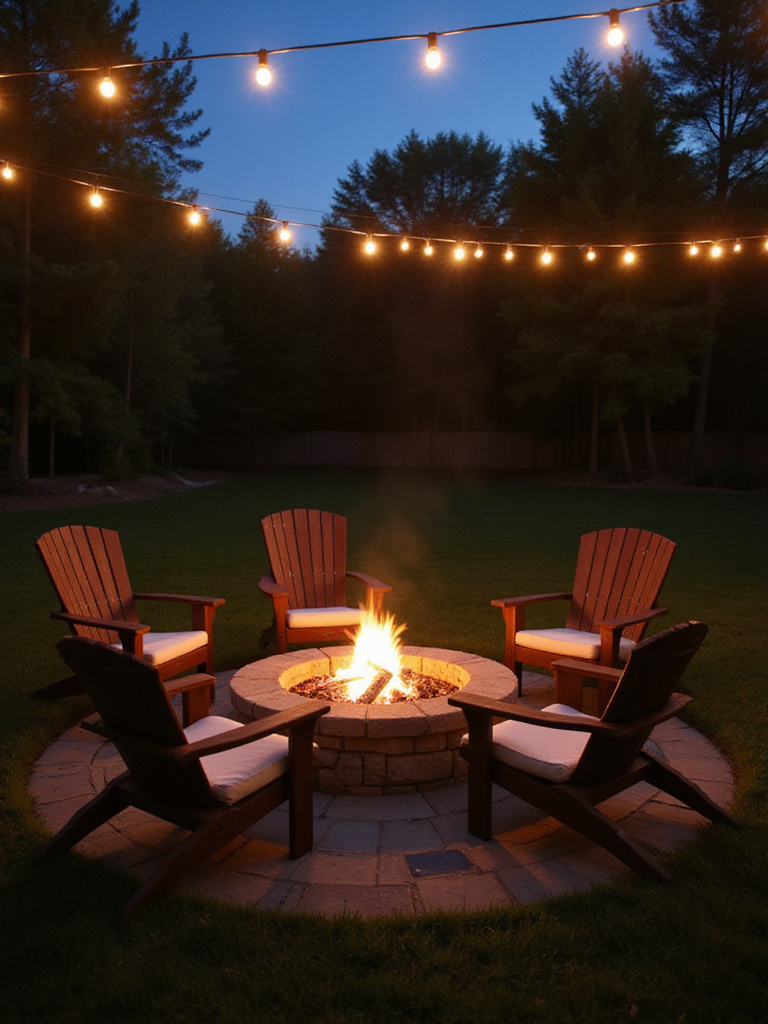 Cozy backyard fire pit area with Adirondack chairs and string lights.