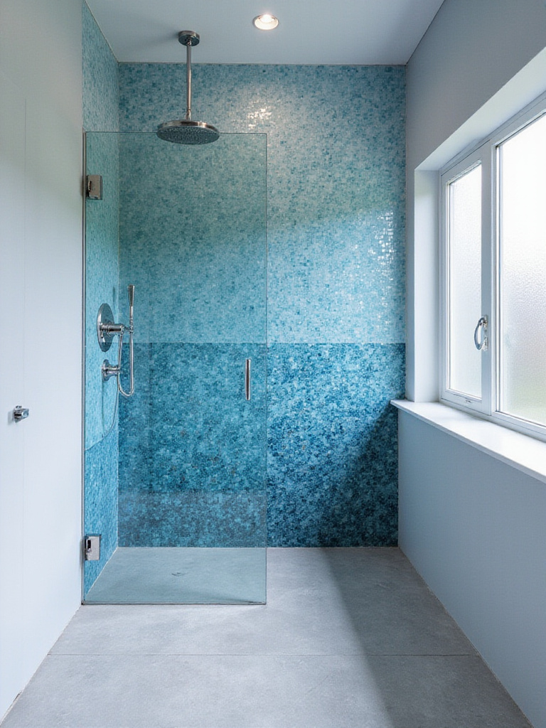 Blue glass mosaic tile feature wall in modern shower