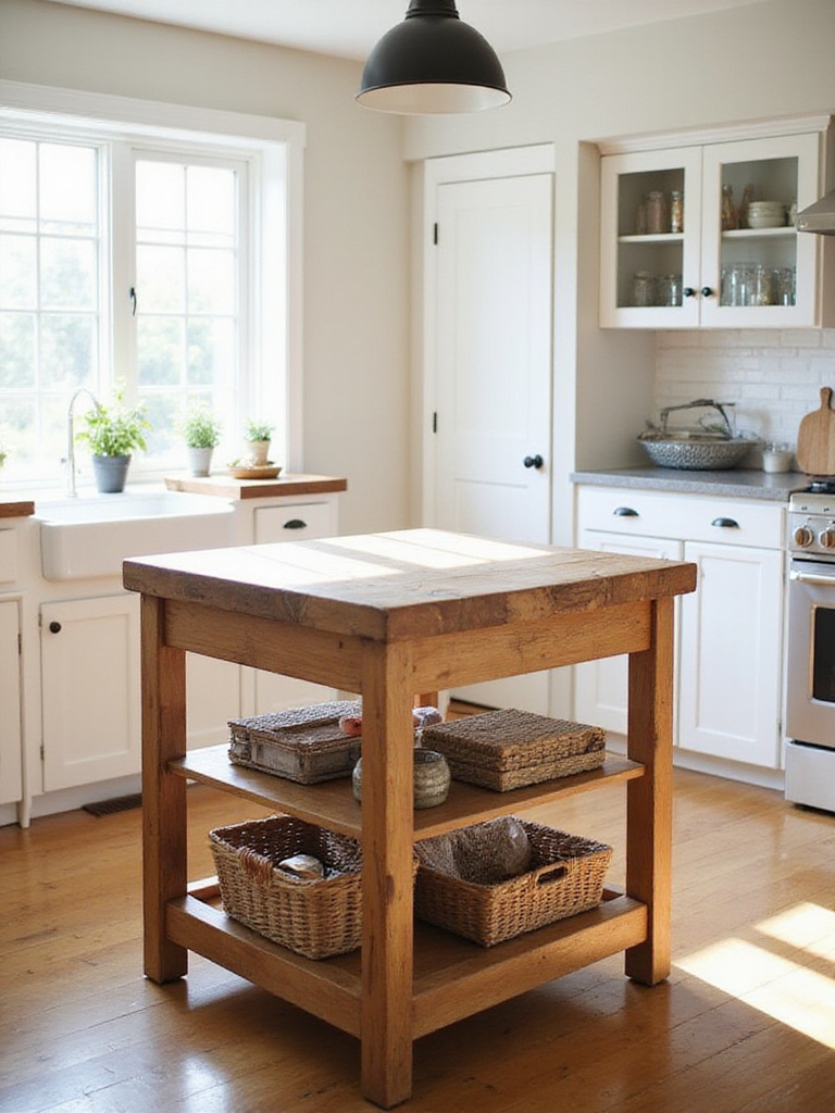 Repurposed wooden workbench as kitchen island in modern farmhouse kitchen