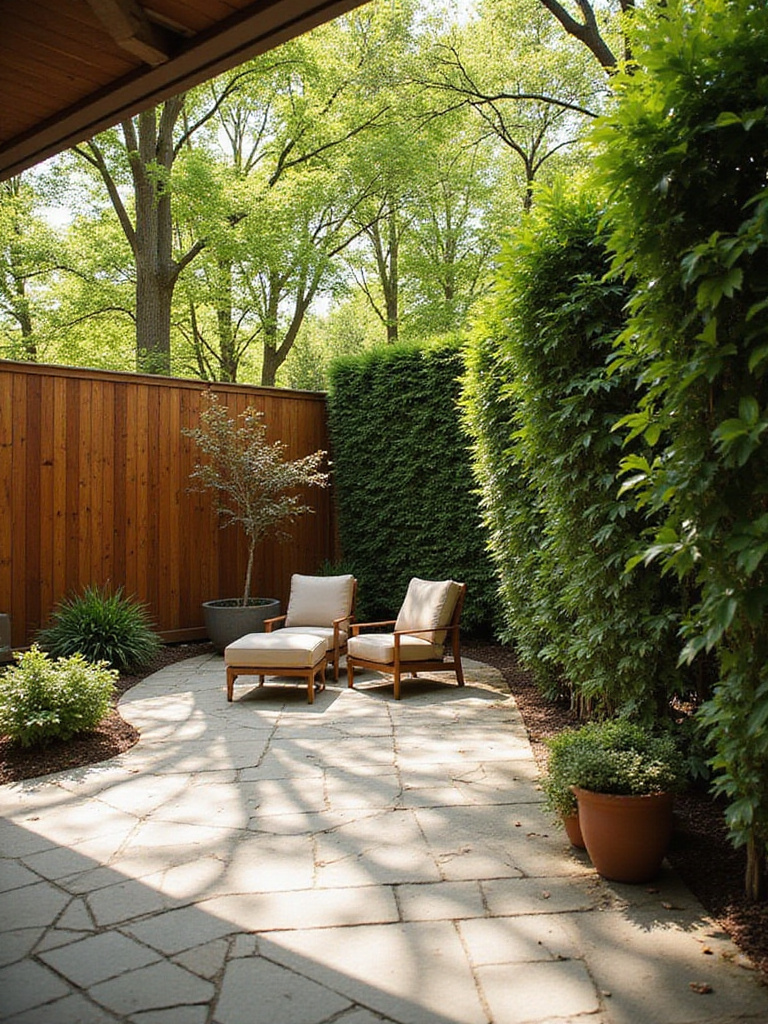 Backyard patio with wooden privacy screen and lush green hedge