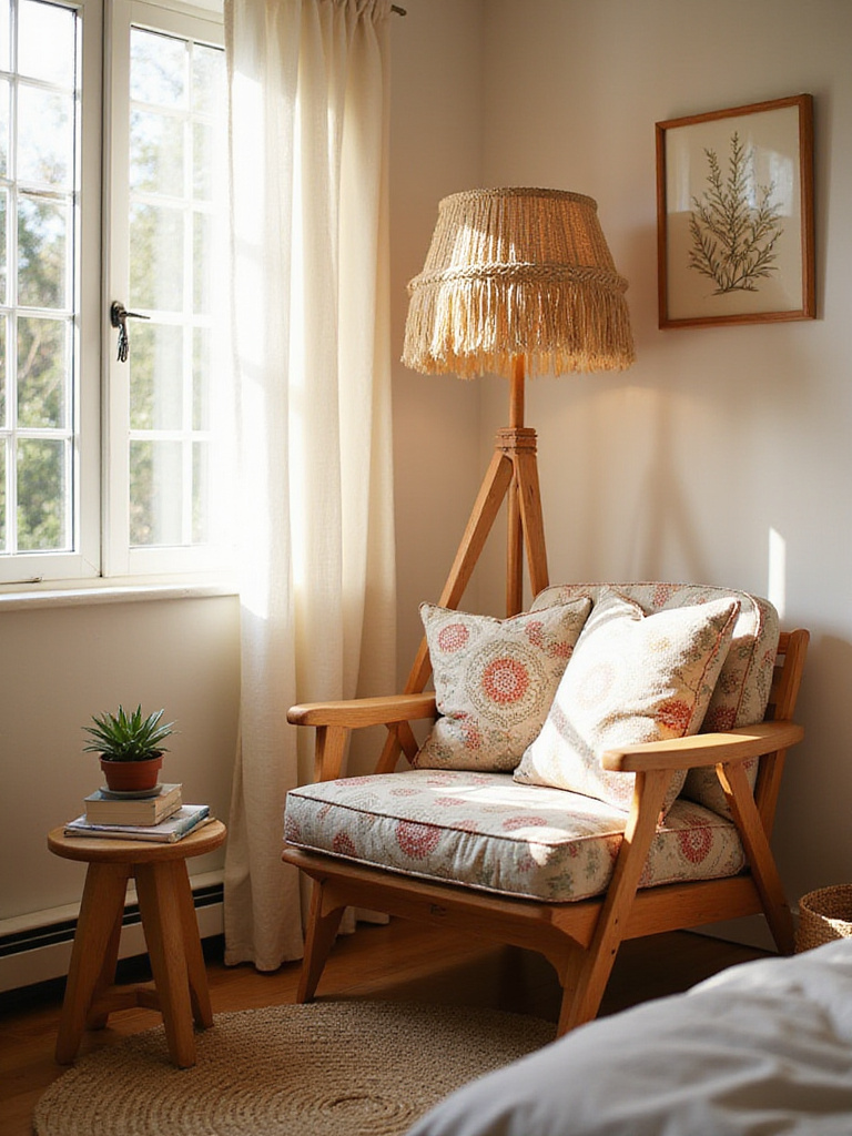 Cozy boho bedroom reading nook with armchair, floor lamp, and side table.