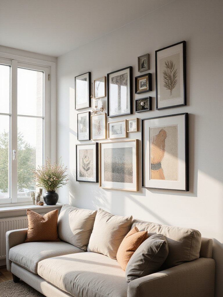 Apartment living room with a curated gallery wall featuring diverse art and photographs above a modern sofa.