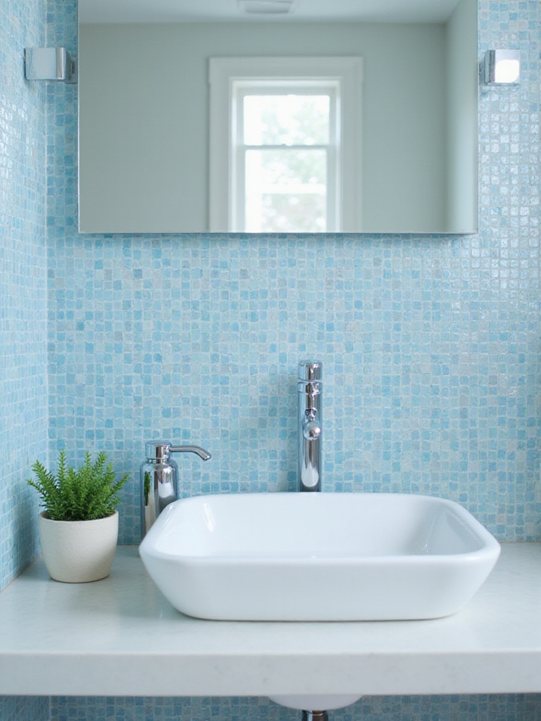 Blue mosaic tile backsplash creates a spa-like feel in a modern bathroom.