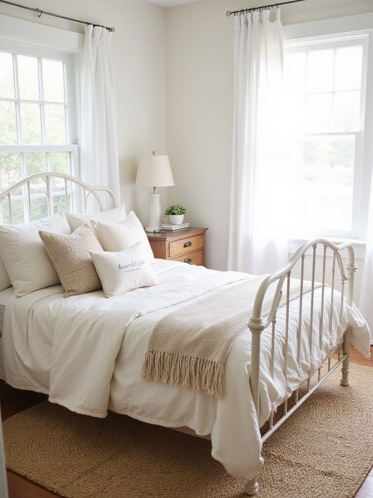 Serene farmhouse bedroom with white and cream color palette