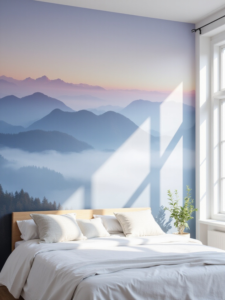 Bedroom accent wall featuring a misty mountain range mural wallpaper