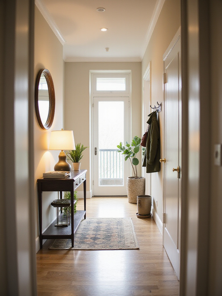 Inviting apartment entryway with console table, mirror, and rug