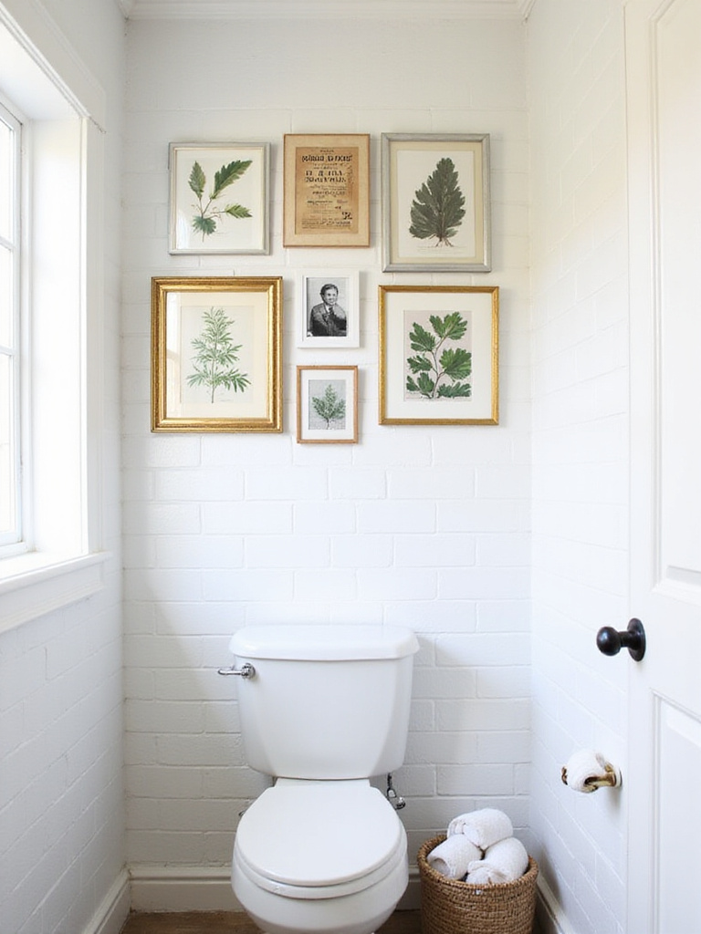 Bathroom gallery wall featuring botanical prints, vintage posters, and black and white photos.
