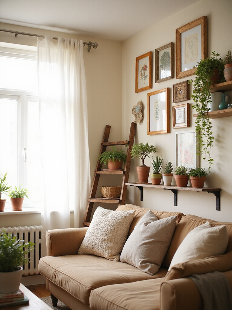 Apartment living room with DIY gallery wall, upcycled ladder bookshelf, and handmade throw pillows.