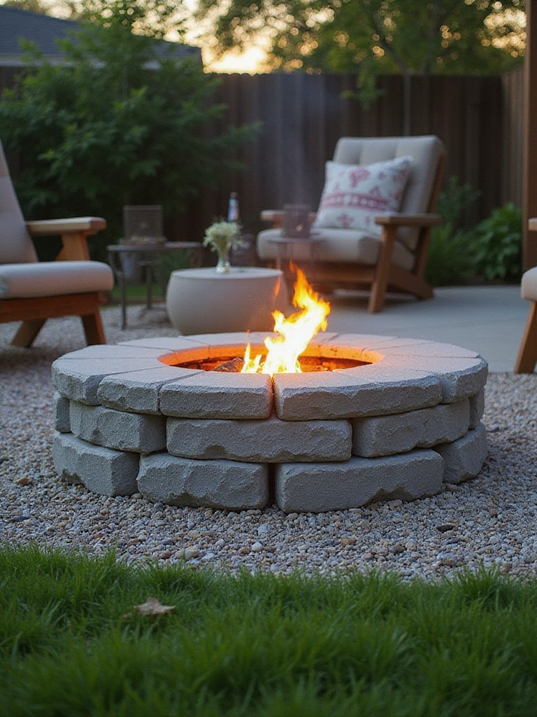 Budget-friendly DIY fire pit built from concrete blocks in a cozy backyard setting with a warm fire burning.