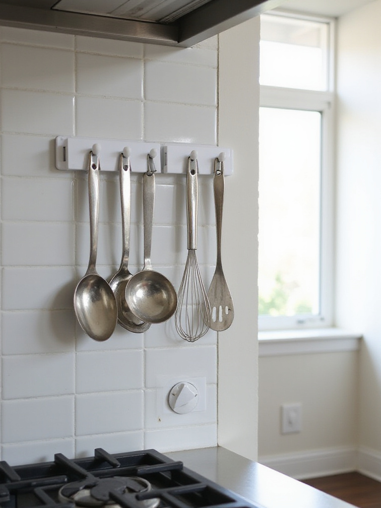 Kitchen backsplash with cooking utensils hanging from Command Hooks