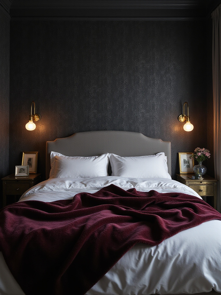Luxurious bedroom with dark charcoal gray textured wallpaper and contrasting light gray headboard.