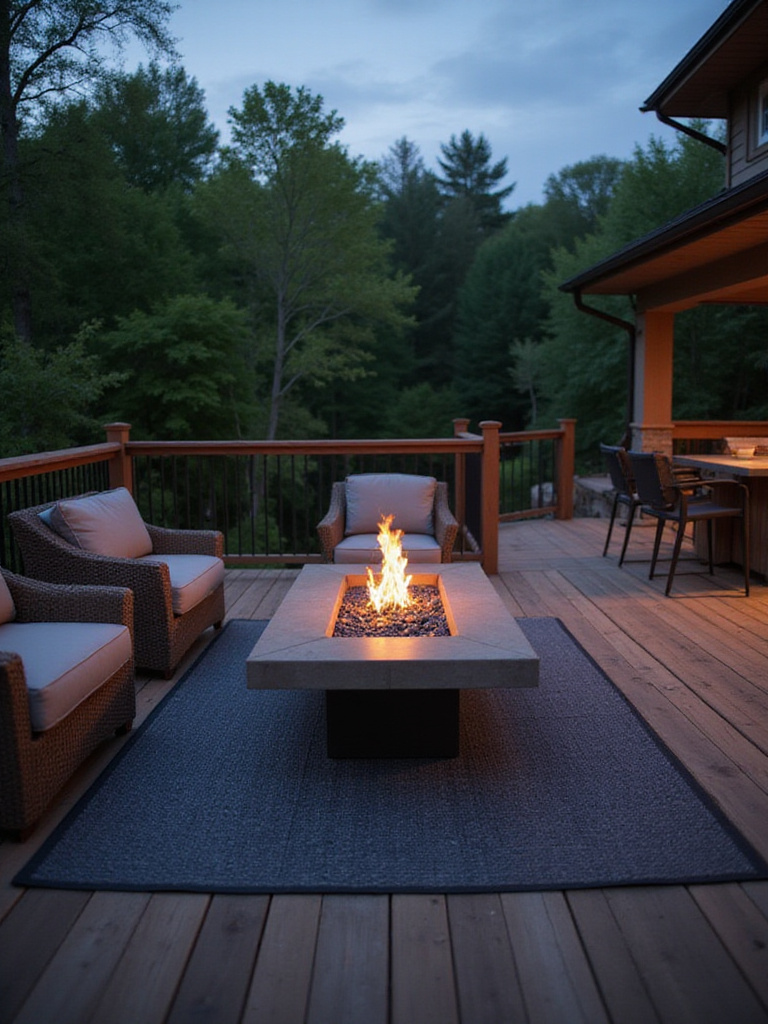 Modern gas fire pit safely placed on a large fire-resistant mat on an elevated wooden deck at dusk, surrounded by outdoor seating.