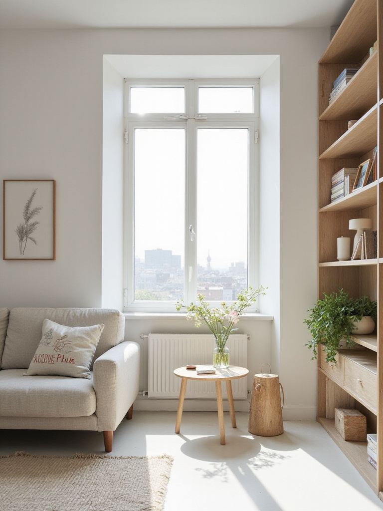 Serene and clutter-free apartment living room with minimalist decor.