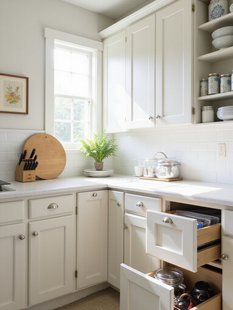 Organized and decluttered kitchen with clean countertops and neatly arranged cabinets.