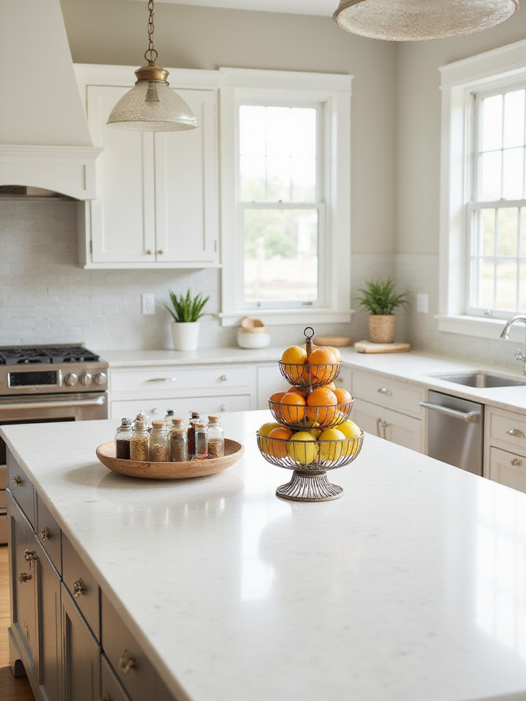 Kitchen island with tiered fruit basket and spice tray.