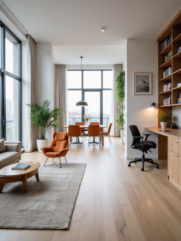 Open-plan apartment with distinct zones for living, dining, and working, defined by rugs, furniture, and lighting.