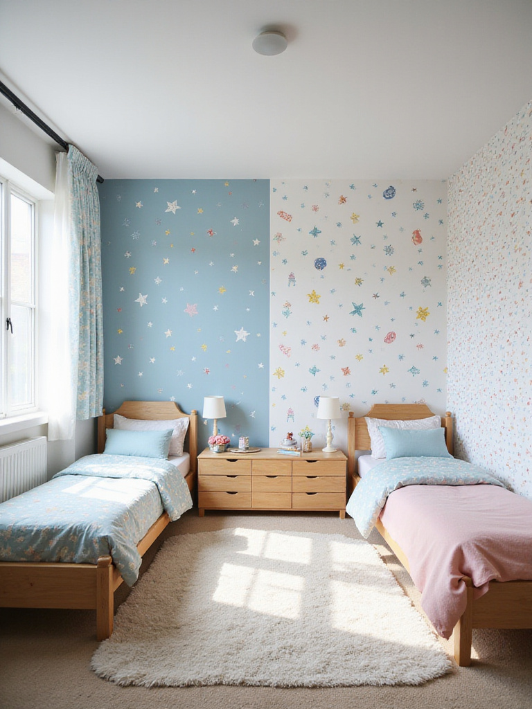 Shared bedroom with distinct zones defined by star and abstract pattern wallpaper